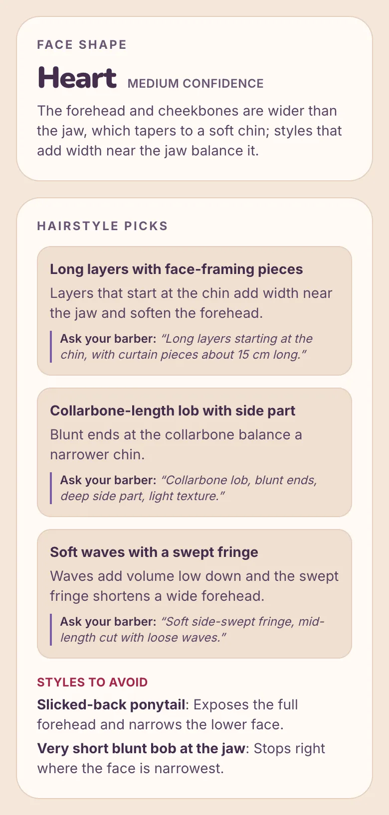 Sample full report — face shape and hairstyle picks with barber wording, fictional AI-generated person