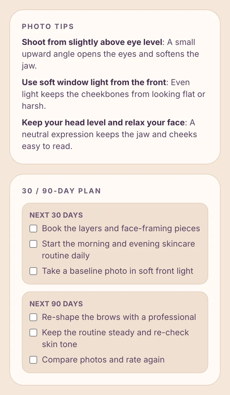 Sample full report — photo tips and a 30 and 90 day plan, fictional AI-generated person