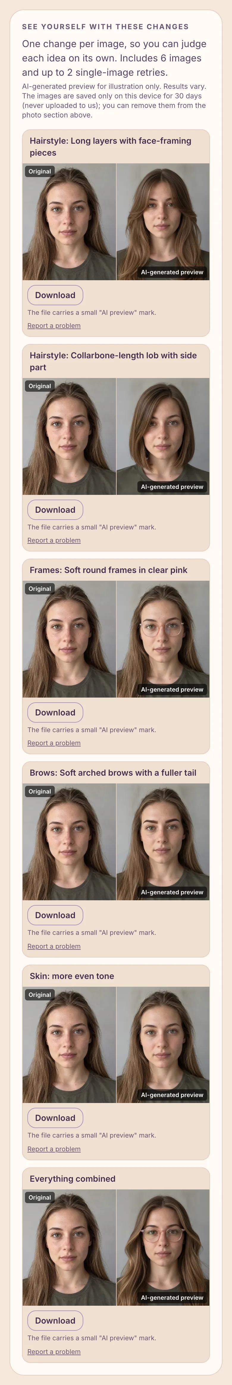 Sample full report — AI preview images next to the original photo, fictional AI-generated person