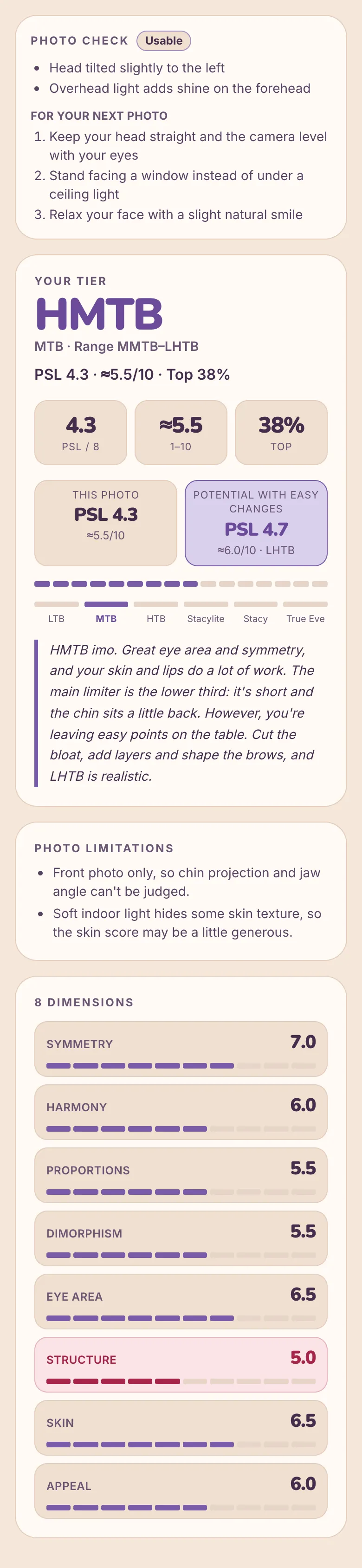 Sample full report — score, tier and percentile, fictional AI-generated person