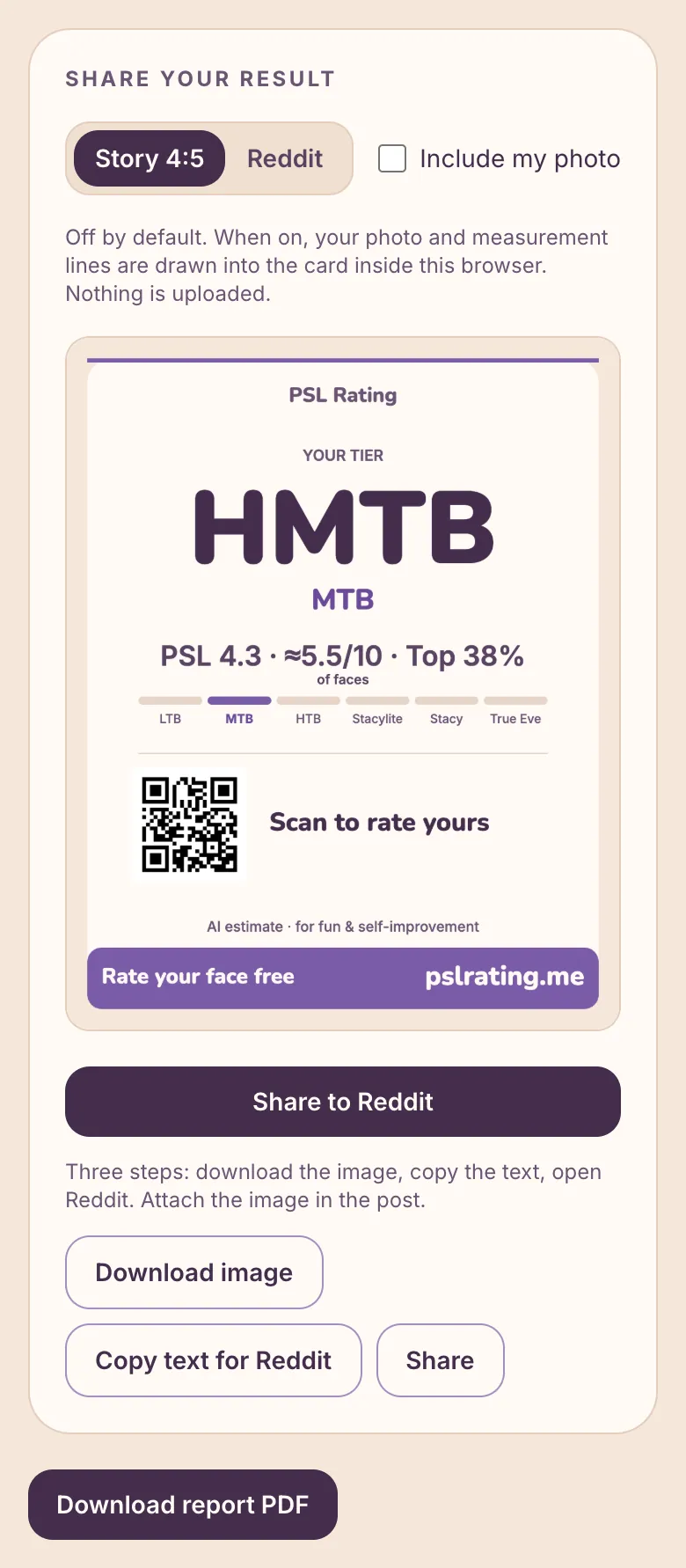Sample full report — share card and PDF download, fictional AI-generated person