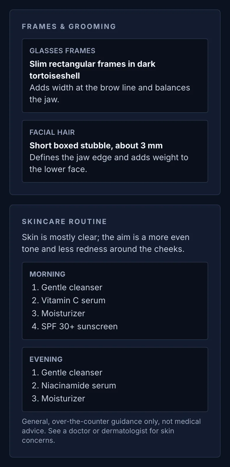 Sample full report — glasses frames, grooming and skincare routine, fictional AI-generated person