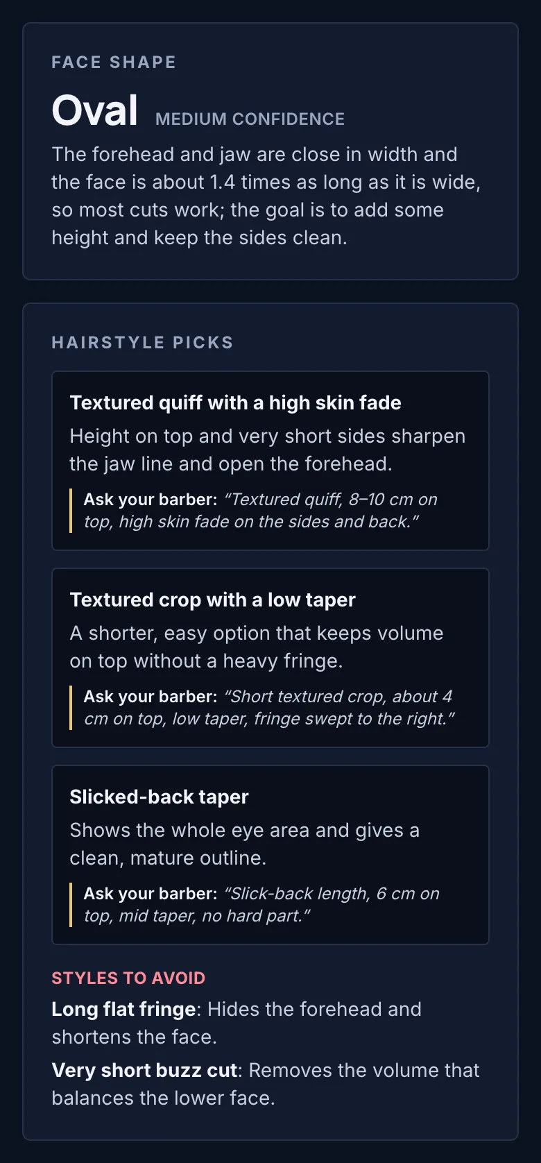 Sample full report — face shape and hairstyle picks with barber wording, fictional AI-generated person