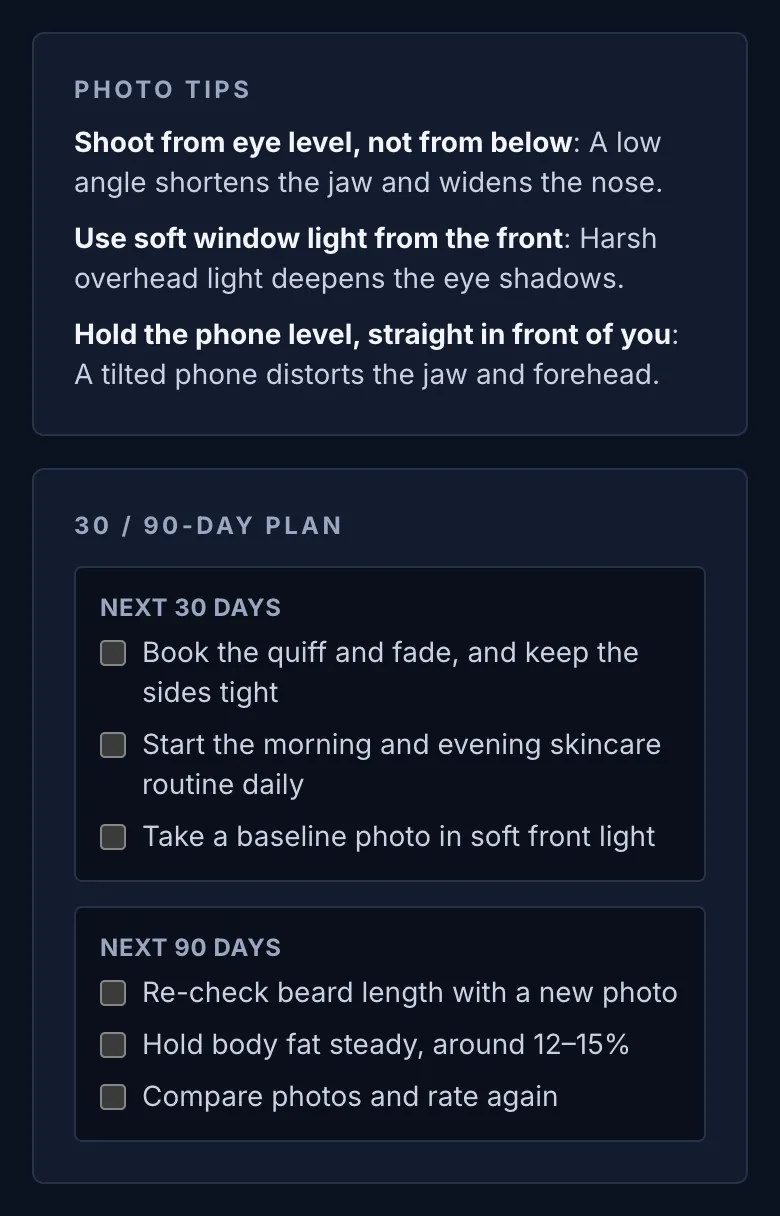Sample full report — photo tips and a 30 and 90 day plan, fictional AI-generated person