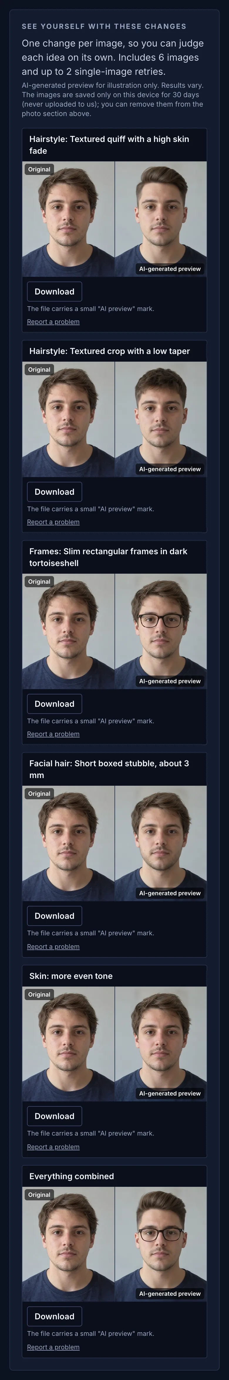 Sample full report — AI preview images next to the original photo, fictional AI-generated person