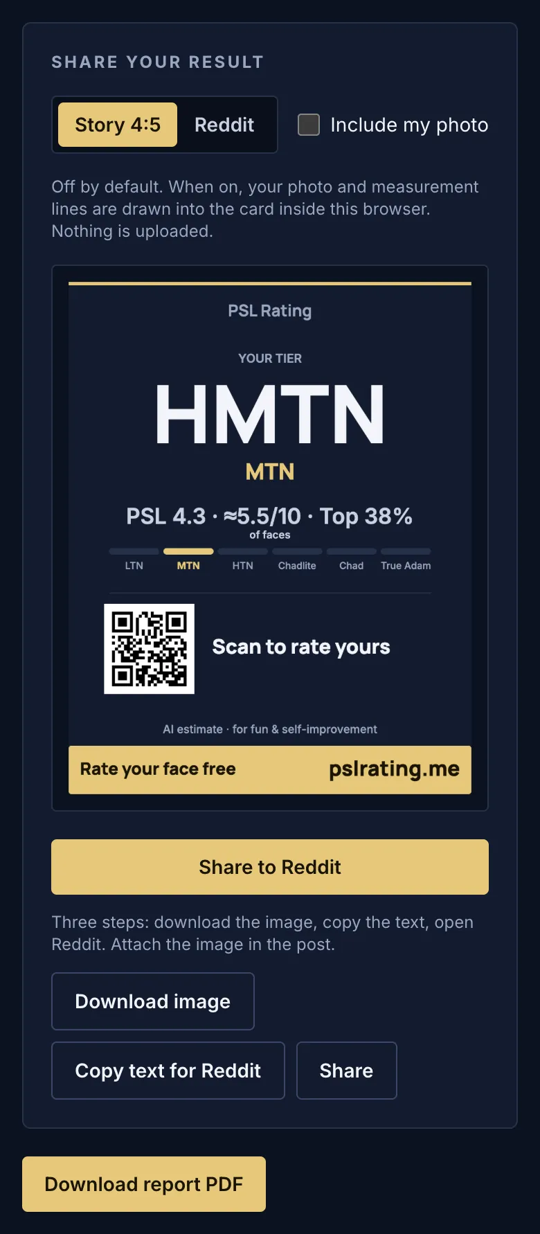 Sample full report — share card and PDF download, fictional AI-generated person
